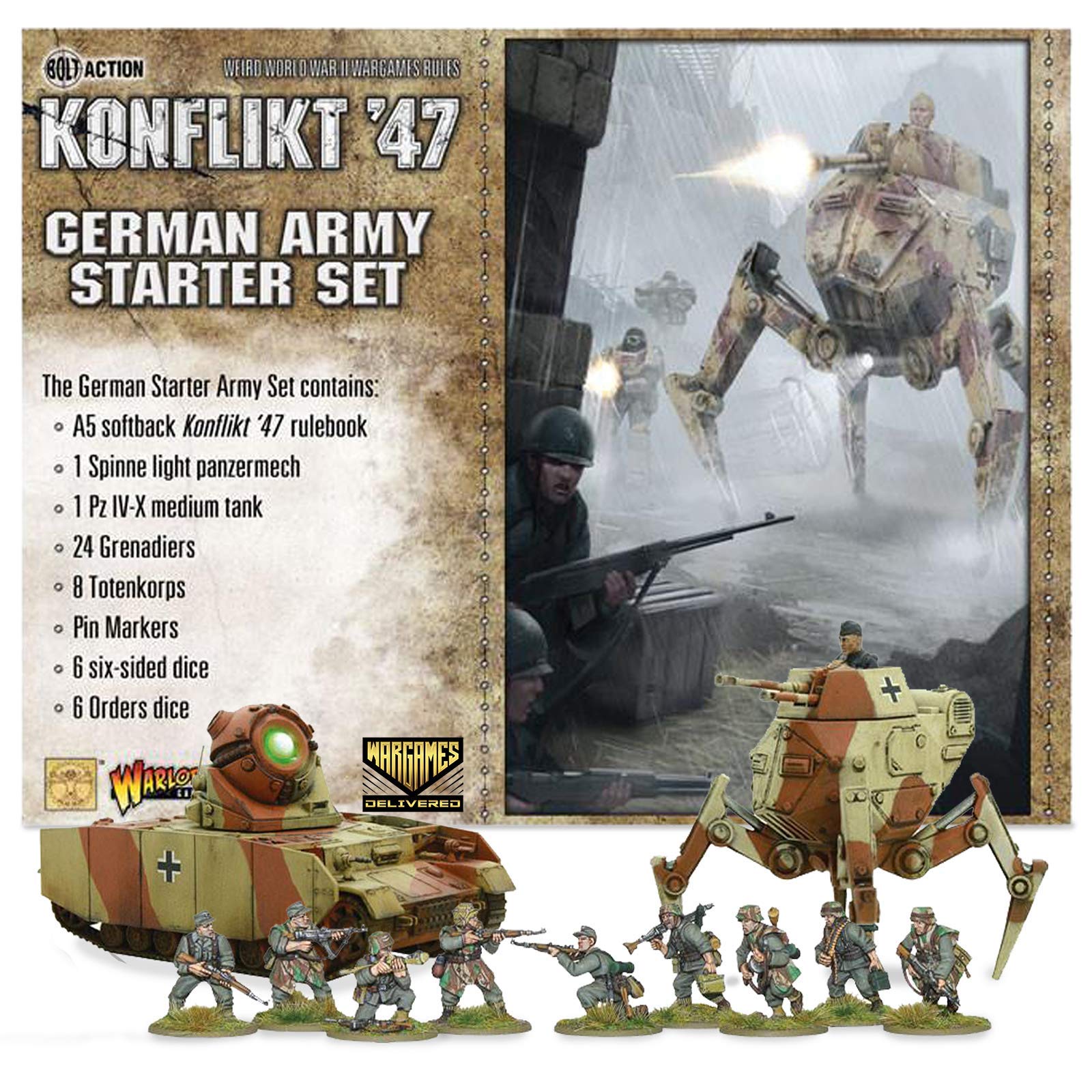 Wargames Delivered - 28mm Military Tanks Miniatures Game - World War RPG Miniature Wargames Set - Warlord Games Konflikt '47: German Army Starter Set