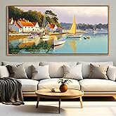 AJAZIKO Coastal Wall Art - Rustic Ocean & boat Canvas Art for Living Room & Bedroom Decor - Framed Landscape Artwork for Walls - Italian Farmhouse & Country Wall Decor Print Pictures20x40IN