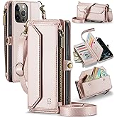 Strapurs Wallet Case Compatible with iPhone 12 Pro Max RFID Blocking 10-Card Holder Soft PU Leather Magnetic Snap Shoulder Strap Zipper Pocket Phone Case Fit for iPhone 12 Pro Max - Rose Gold