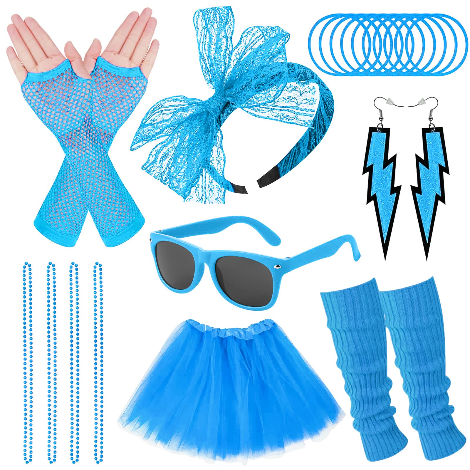 Pipihome 80s Costume Accessories Set for Women, 80s Fancy Dress Neon Headband Earrings Fishnet Gloves Bracelets Necklace Headband Accessories for 80s Retro Party