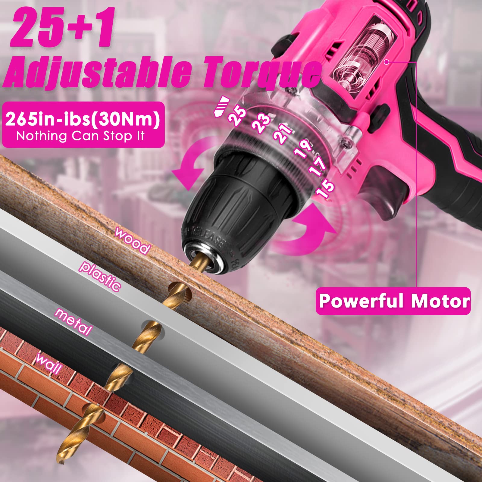 Tool Kit with 20V Cordless Drill(265in-lbs), Pink Drill Set for Women, Lady's Home Tool Kit for DIY, Daily Repair Tool Set as a Creative Gift with a Large-Capacity Tool Storage Bag