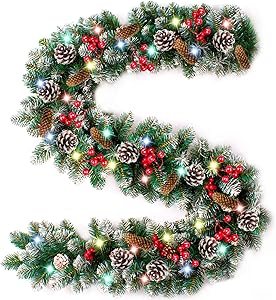 9 Foot Prelit Christmas Garland Color Lights Frosted Xmas Garland Battery Operated,90 Red Berry,18 Pine Cone,Snowy Bristle Pine Artificial Garland Wreath Decoration Indoor Home Fireplace Holiday