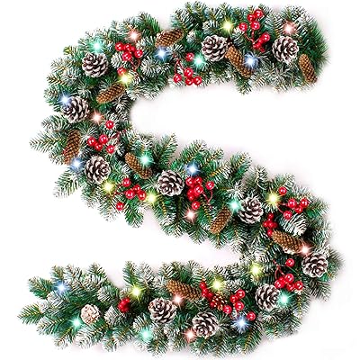 Buy 9 Foot Prelit Christmas Garland Color Lights Frosted Xmas Garland Battery Operated 90 Red Berry 18 Pine Cone Snowy Bristle Pine Artificial Garland Wreath Decoration Indoor Home Fireplace Holiday Online In Kuwait B07vwfrtnf