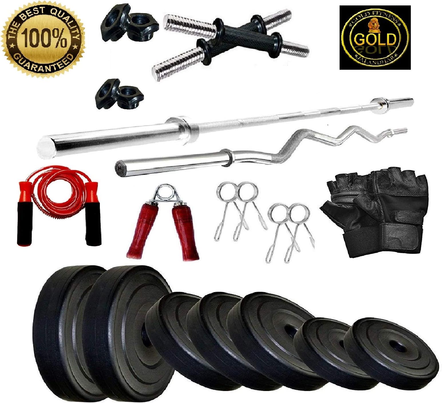 Gold Fitness Leather Combo-Wb Home Gym Kit (30 Kg), PVC And Leather, Multicolour