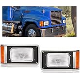 HECASA Headlights w/Bezels Compatible with 90-17 Mack CH613 SFA Hood Truck | Replacement for 2M0516CM Halogen Pair Headlamp w/Turn Signal Bulbs Set Clear &amp; Amber Lens Driver &amp; Passenger Side