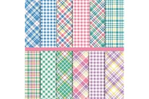 Whaline 12 Designs Spring Pastel Plaid Pattern Paper 24 Sheet Scrapbook Specialty Paper Double-Sided Easter Decorative Craft Paper Folded Flat for Card Making Scrapbook Photo Album Decor, 30 x 30cm