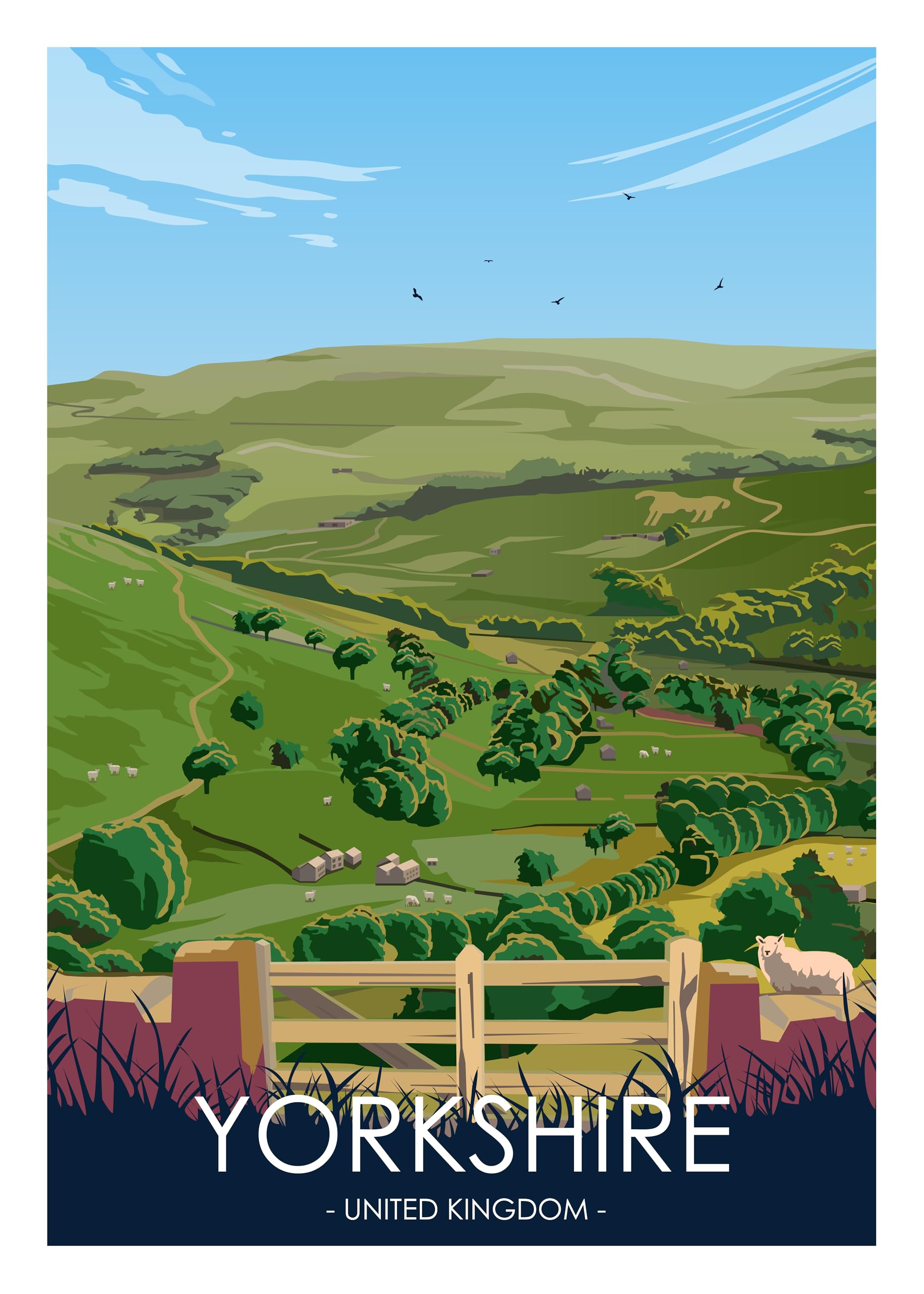 Hewson's Gifts UK Travel Print UK Cities and Shires, Handmade Print Of The Beautiful Places of United Kingdom, UK Artwork Wall Art Poster For New Home Kitchen Print (Yorkshire, A4 Unframed Print)