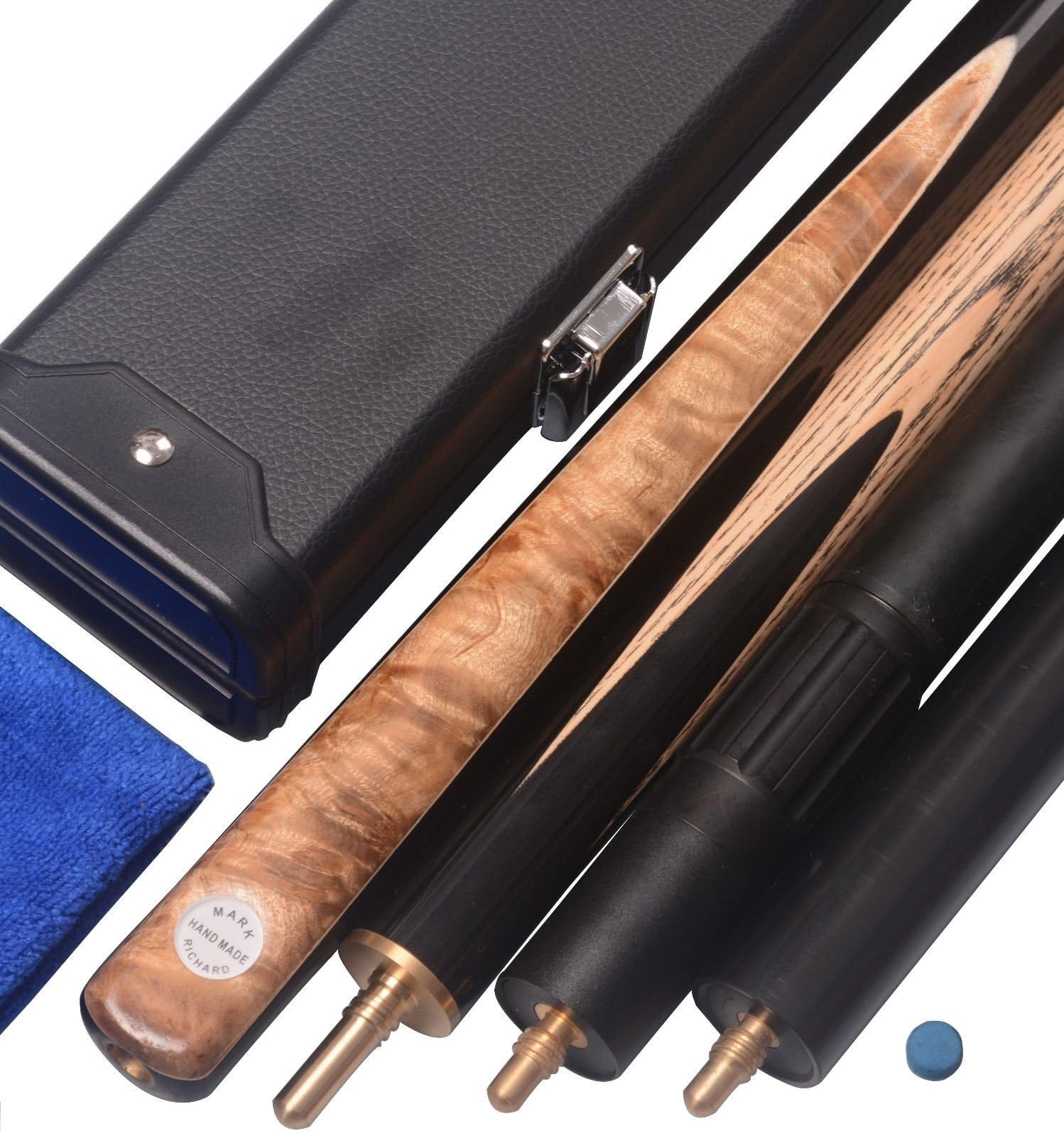 Stylish 57" Handmade 3/4 Piece Snooker Cue Ash Shaft and Ebony/Burl Spliced Butt Complete Set