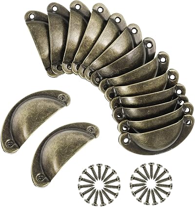 Heyu-Lotus 15pc Vintage Shell Cup Drawer Handles Antique Brass Cabinet