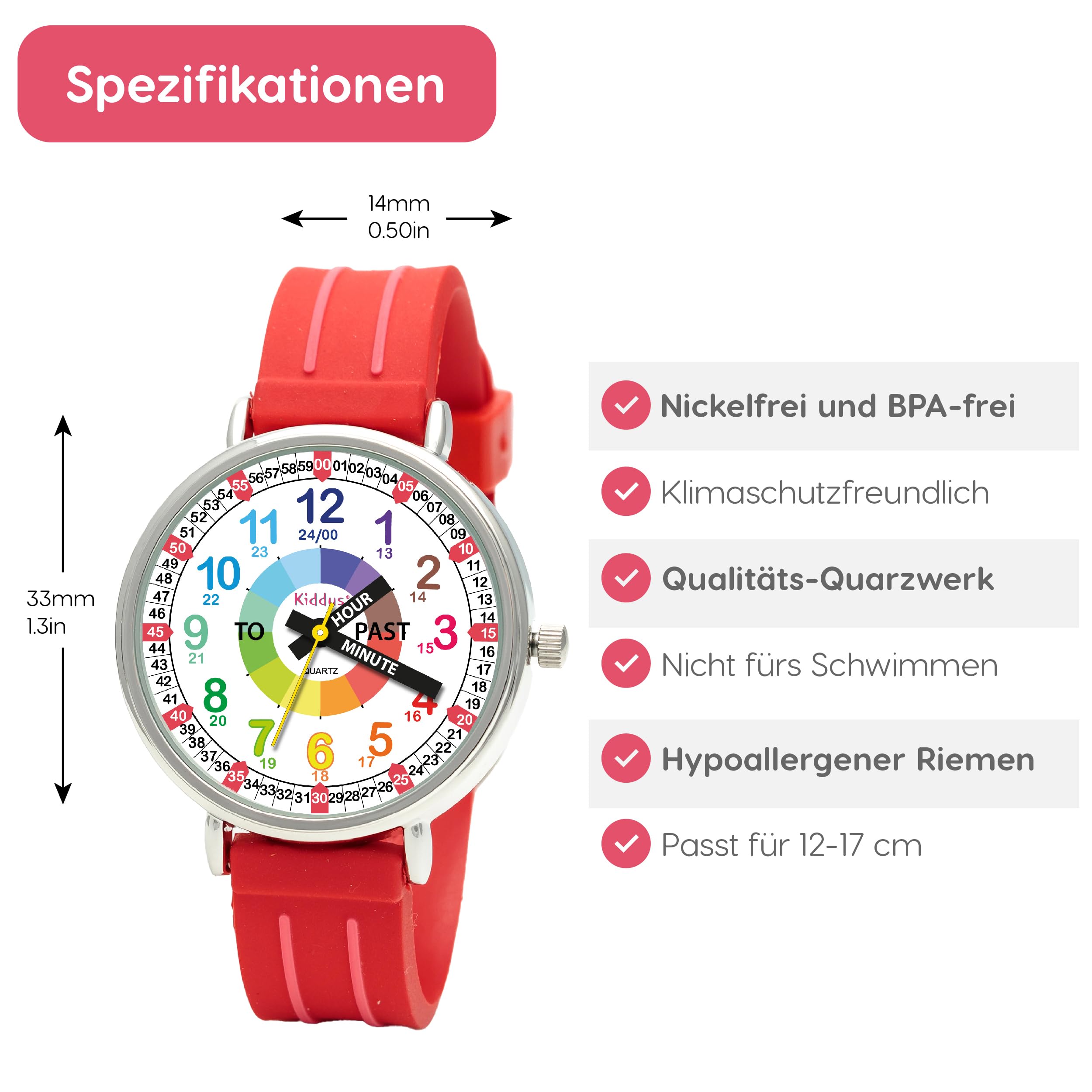 Kiddus Watches Boy and Girl Kids Ages 6-12 Analog Time Teacher with Exercises. Japanese Quartz Movement. Easy to Read and Learn Time. Girls Watches Ages 5-10