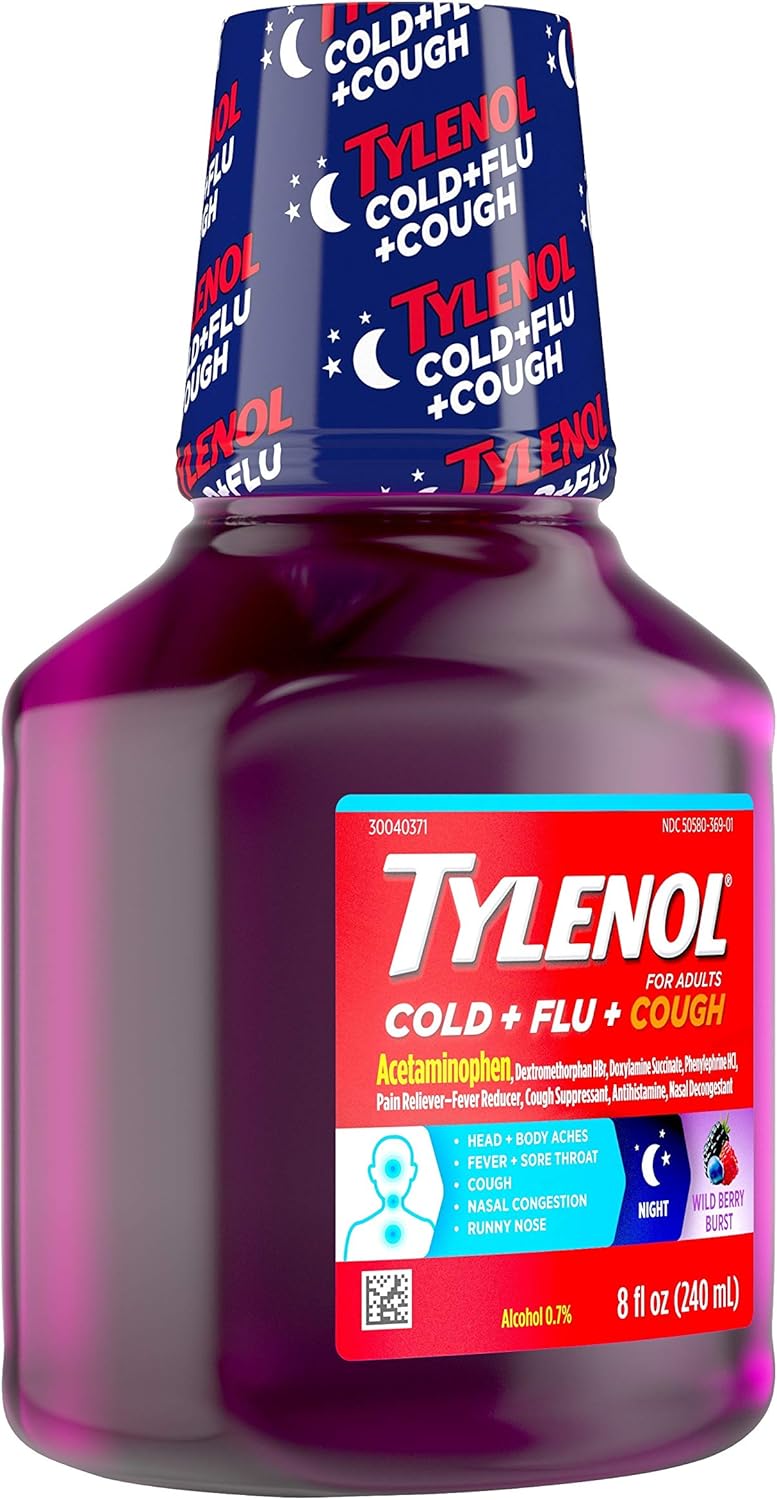 Tylenol Paracetamol Cold + Flu + Cough Night Liquid Medicine with Acetaminophen, Wild Berry, 8 fl. oz: Health & Personal Care
