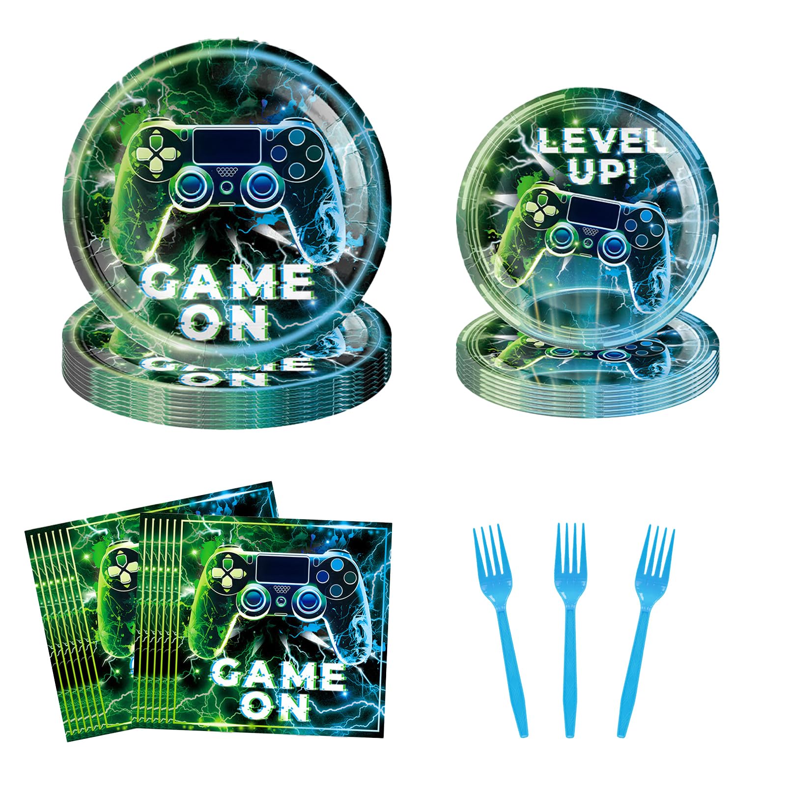 Photo 1 of 96Pcs Video Game Party Plates and Napkins Set, Disposable Gaming Birthday Decorations, Happy Birthday Paper Plates Napkins Forks, Video Game Party Supplies for 24 Guests