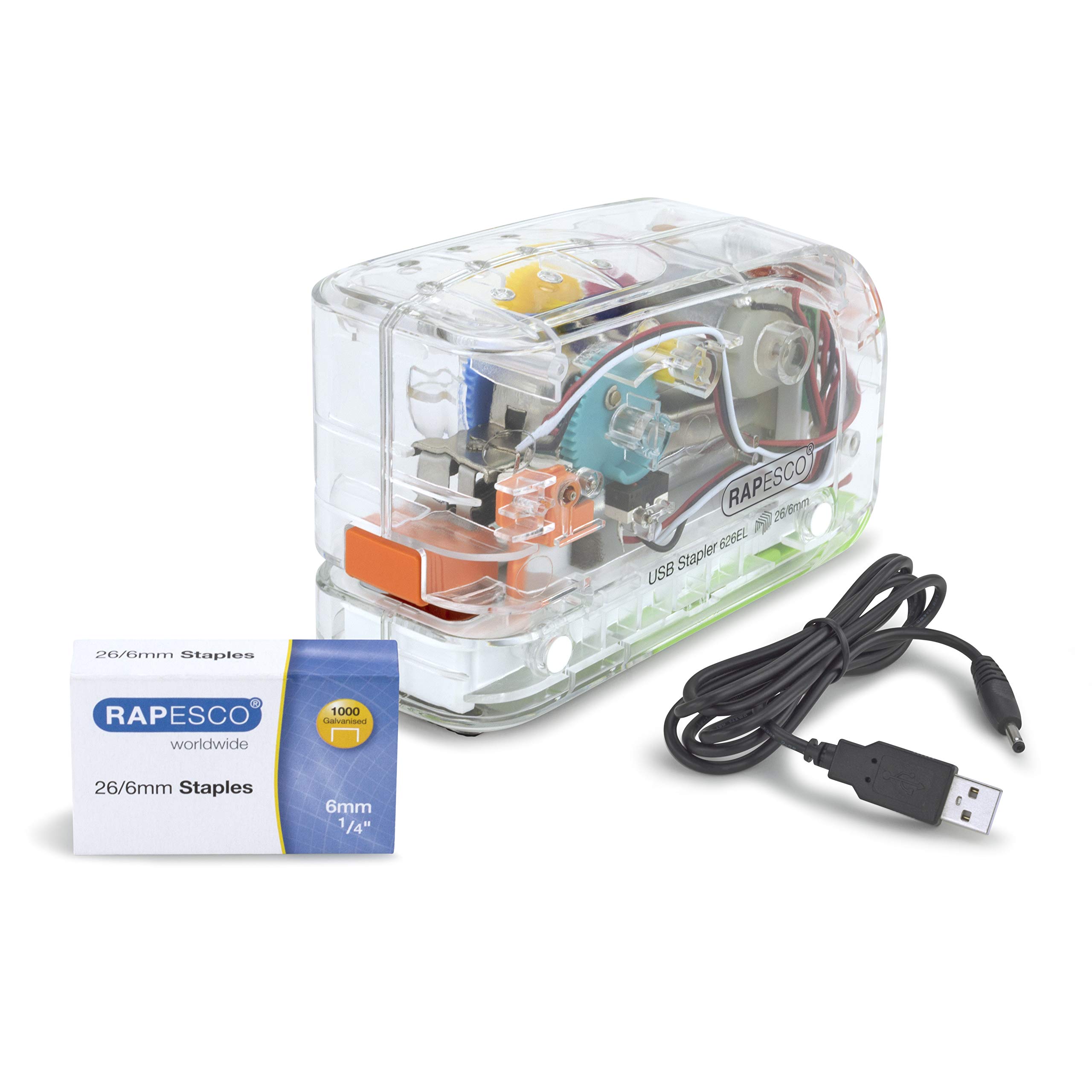 Rapesco 1450 626EL Automatic USB/Battery Stapler with 1000 26/6mm Staples, 15 Sheet Capacity, Transparent