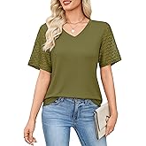 Totatuit Women's V Neck Casual Tops Lace Short Sleeve Summer Tunic Shirts for Women Loose Fit Breathable Cotton Blouses
