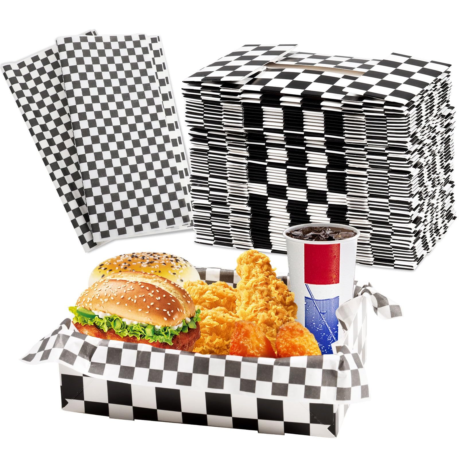 View 1 of 120 Pcs 4Lb Race Car Birthday Party Supplies Checkered Large Paper Food Trays with Disposable Black and White Checkered Paper 4 Corners Pop Up Trays for Racing Party Theater Popcorn Nacho Snack