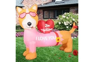 DeeKom 5FT Valentine's Day Inflatable Outdoor Decoration Pink Dog with Love Heart, Lights Holiday Blow Up Yard Decoration for Holiday Party Garden Yard Lawn Spring Décor