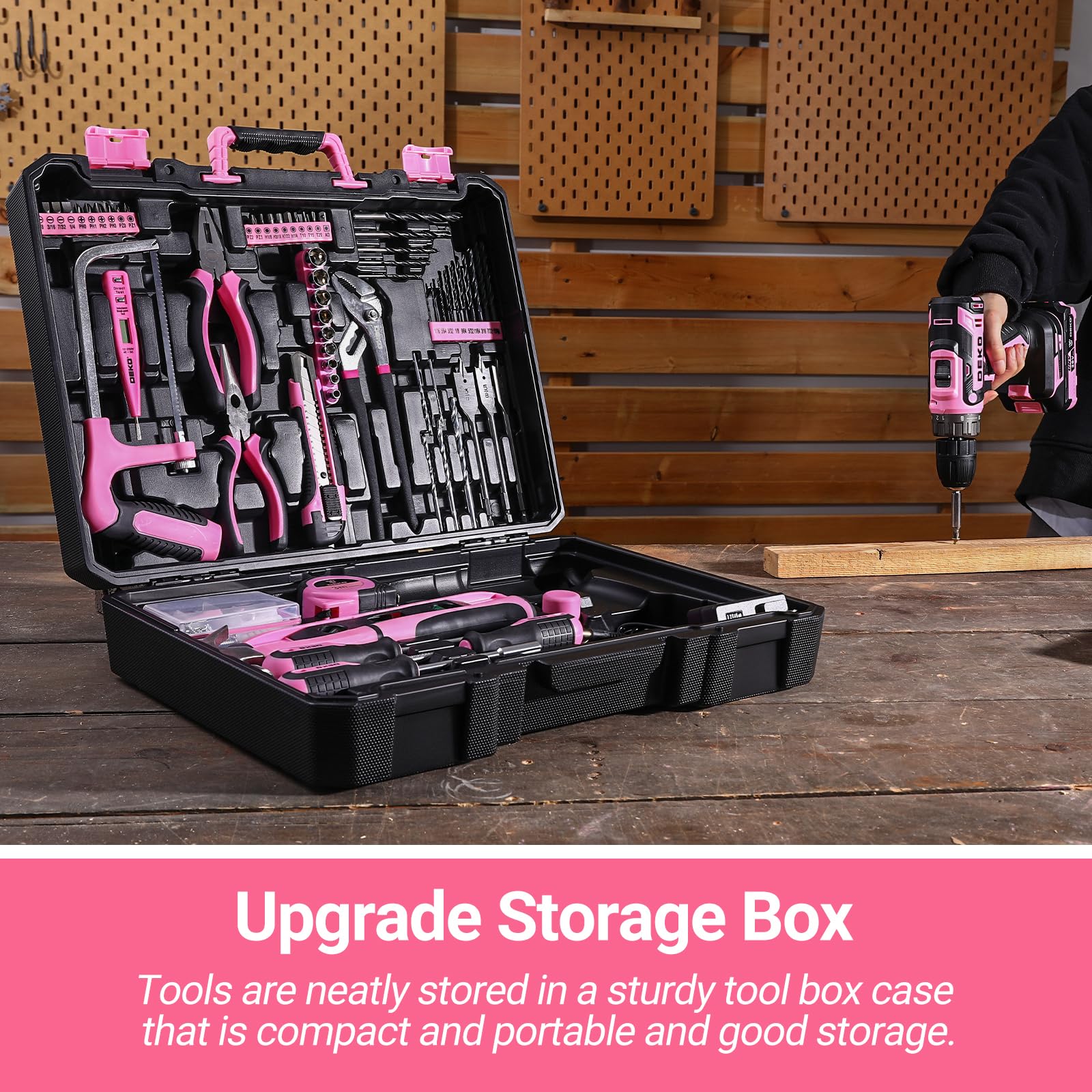 Pink Power Drill Tool Kit Set: 20V Cordless Electric Drill, Driver, Tool Box with Battery