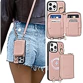 ORNARTO Magnetic Detachable Wallet Case for iPhone 16 Pro Max, [Compatible with MagSafe], Crossbody Wallet Case with Card Holder Wrist Strap, RFID Blocking PU Leather Wallet Phone Cover 6.9", Pink
