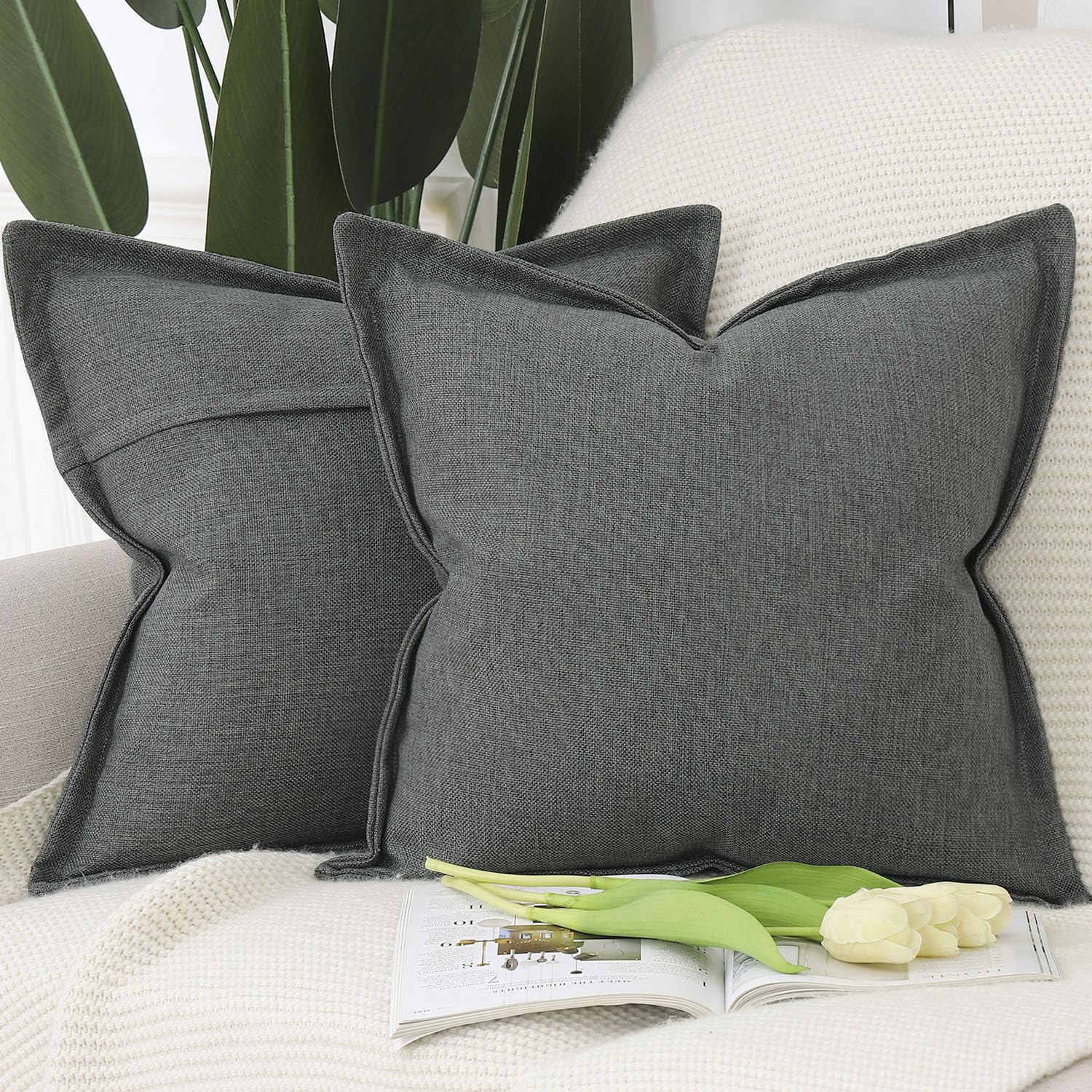 Madizz Set of 2 Faux Linen Cushion Covers with Broad Edge Soft Boho Decorative Pillow Cases for Sofa Bedroom Modern Pillow Shell 24x24 inch, 60x60 cm Dark Grey