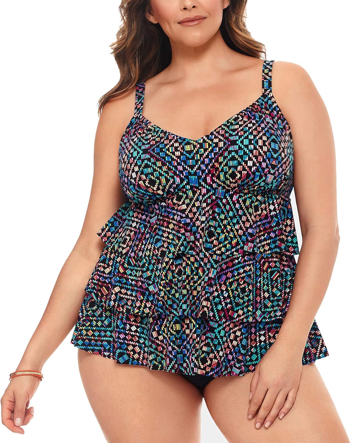 Swim Solutions. Plus Size Wild Mix Printed Tiered Tummy-Control One-Piece Swimsuit (18W, Multi 
