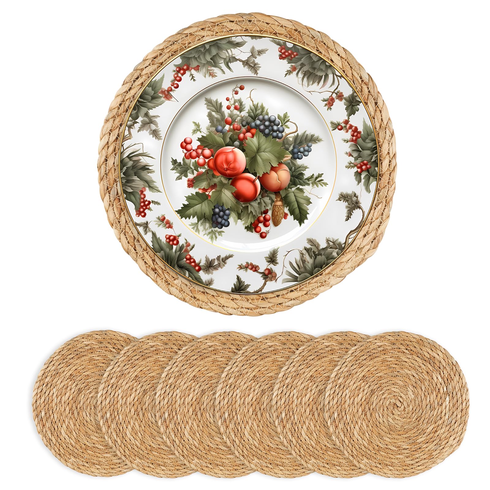 Photo 1 of Round Woven Placemats 13 inch Set of 6 - Boho Rattan Placemats Natural Water Hyacinth Placemat, Farmhouse Weave Place Mats, Rustic Braided Wicker Table Mats for Dining Table,Home,Wedding