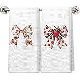 PIUD Coquette Strawberry Bow Kitchen Dish Towels Set of 2, Preppy Girly Strawberry Aesthetic Hand Towels for Bathroom Decor, Fruit Kitchen Bathroom Decor, 16x24 Inch