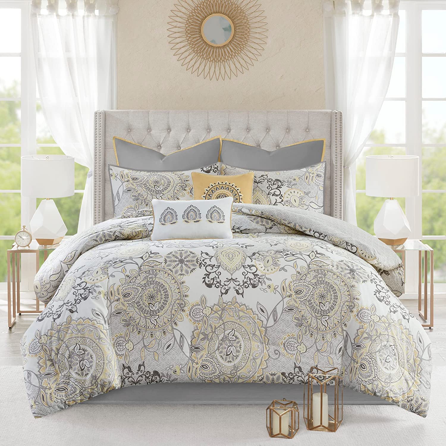 Madison Park Reversible Cotton Comforter Set, All Season Bedding, Matching Bed Skirt, Decorative Pillows, Cal King(104″x92″), Isla, Floral Medallion Yellow 8 Piece