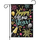 Heyfibro Happy New Year Christmas Firework Garden Flag 12x18 Inch Double Sided Burlap Champagne Balloon Celebration Banner for Winter Holiday Party Yard Outdoor Decoration(ONLY FLAG)