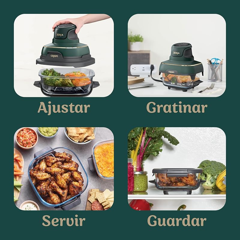 CRISPi Freidora de aire portátil 4 en 1, 3,8L/ 2,3L/ 1,4L : Freír con aire, Asar, Mantener la temperatura, Dorar. Compacta, 6 raciones, 3 recipientes de cristal y tapas, 1700 W Verde FN103EUGN — foto 8 de 8