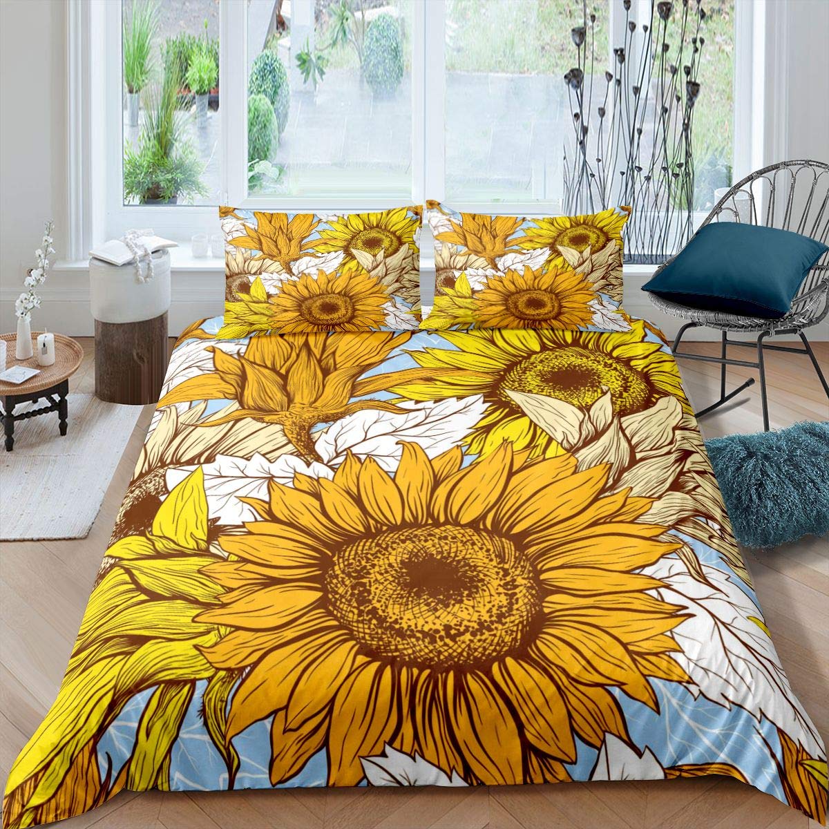 Homemissing Yellow Flowers Duvet Cover Sunflower Bedding Set For Kids Boys Girls Botanical Floral Comforter Cover Ultra Soft Blossom Flowers Bedding & Linen King Zipper