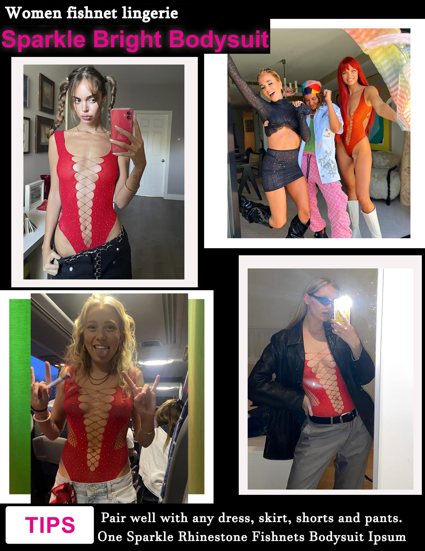 Avidlove Rhinestone Bodysuit Tops Sparkle Fishnet Lingerie Sexy Outfit for Women Mesh Body Suit Teddy Lingeries