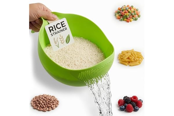 Rice Strainer with Handle - Lightweight Rice Washer Strainer Bowl with Smart Design for Easy Water Draining, Easy to Use & Cl