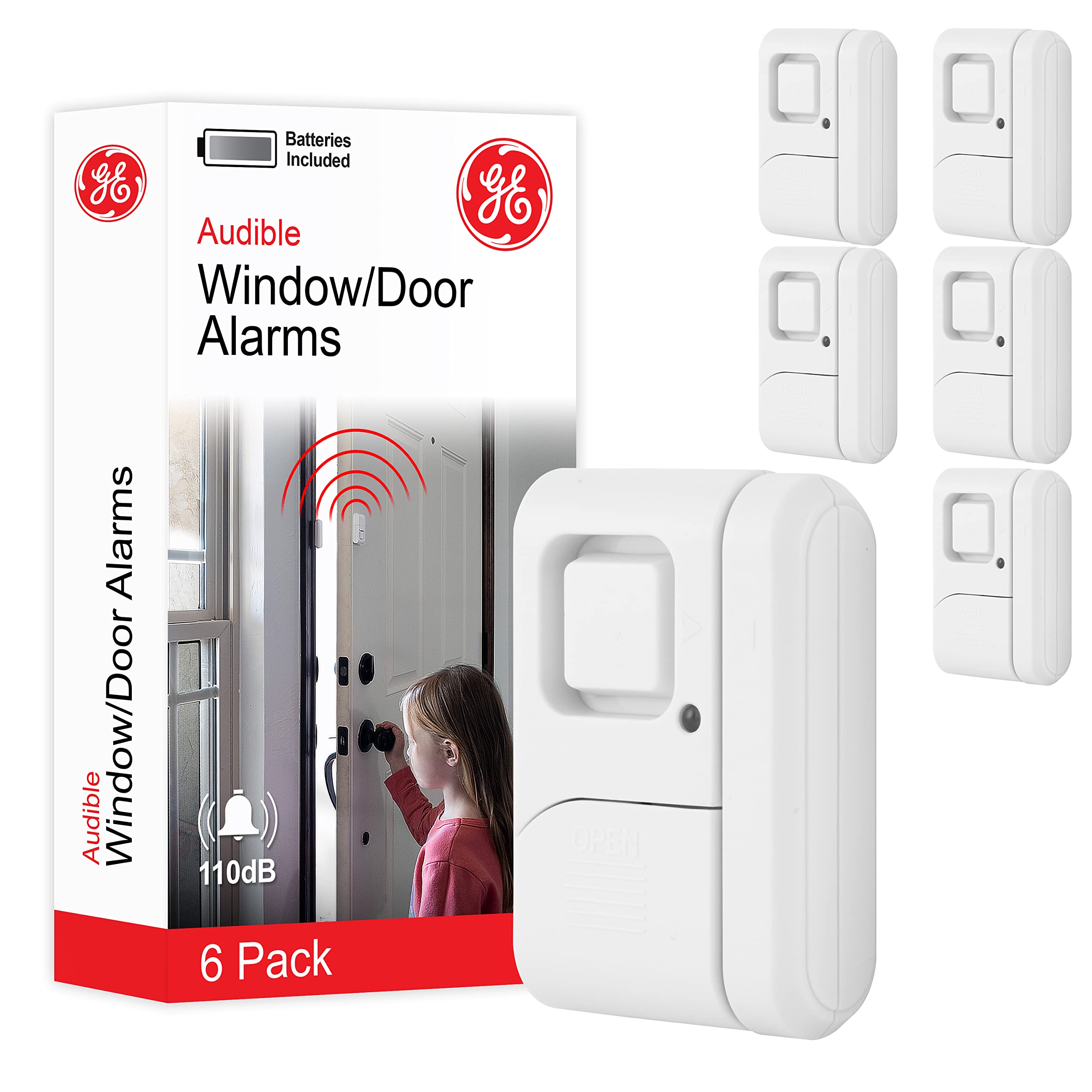 GE Personal Security Window and Door Alarm, 6 Pack, DIY Protection, Burglar Alert, Wireless Chime/Alarm, Easy Installation, Home Security, Ideal for Home, Garage, Apartment and More,White, 49721