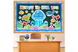 GEWUJATOP Ocean Bulletin Board Decorations Set,Ocean Happy to Sea You Paper Wall Decor,Under The Sea Borders Fish Cutouts for Education Craft School Supplies Decor