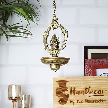 Two Moustaches Brass Handmade Ganesha Design Oil Wick Hanging Diya (Brown_5 Inch X 5 Inch X 10 Inch)