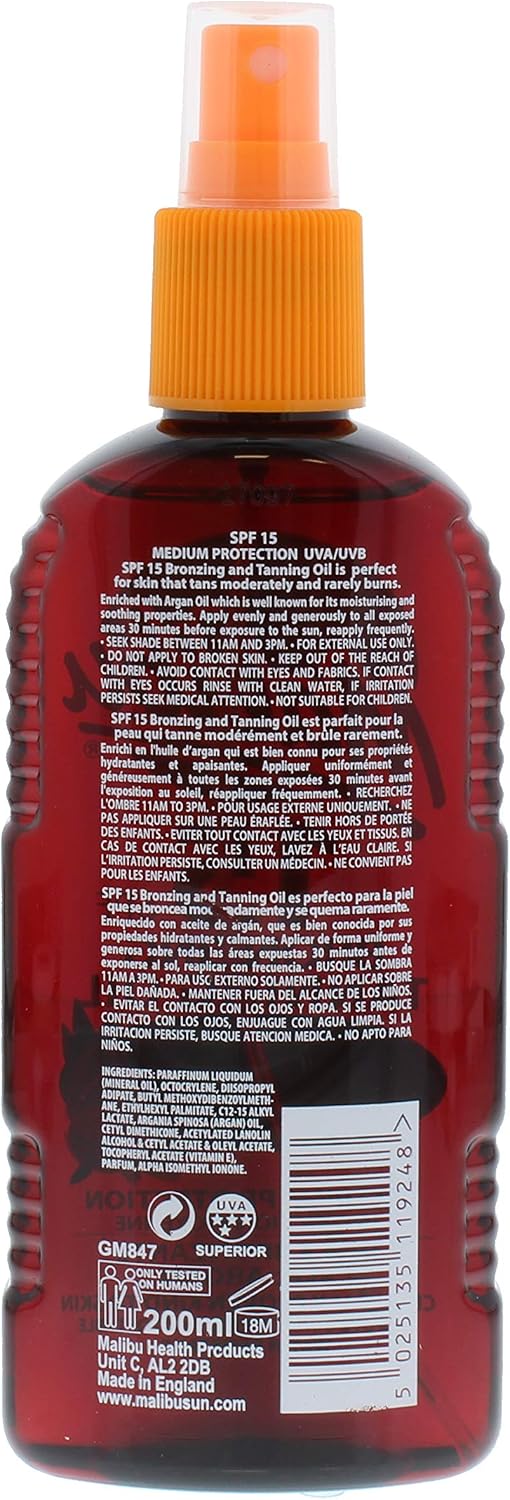 Malibu Sun SPF 15 Bronzing Tanning Argan Oil Spray with Medium Protection, Water Resistant, Tropical Scent, 200ml - Image 3