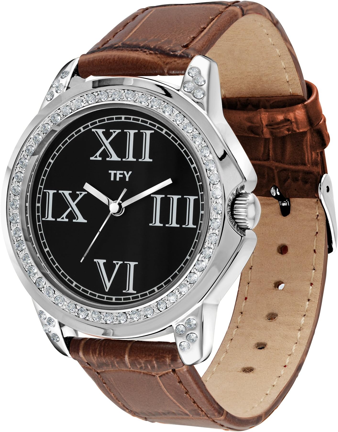 TFY Design Genuine Leather Japan Quartz Movement Trendy Look Diamond Case Fashion Women's Watch TFY1102BR