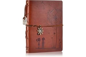 SEEHAN Scrapbook Album DIY Photo Album Leather Scrapbook Memory Book “Girl&Boy Dandelion “ Vintage Up Travel Scrapbook Album for Anniversary Wedding Guest book 60 Pages Christmas Gift (Brown)