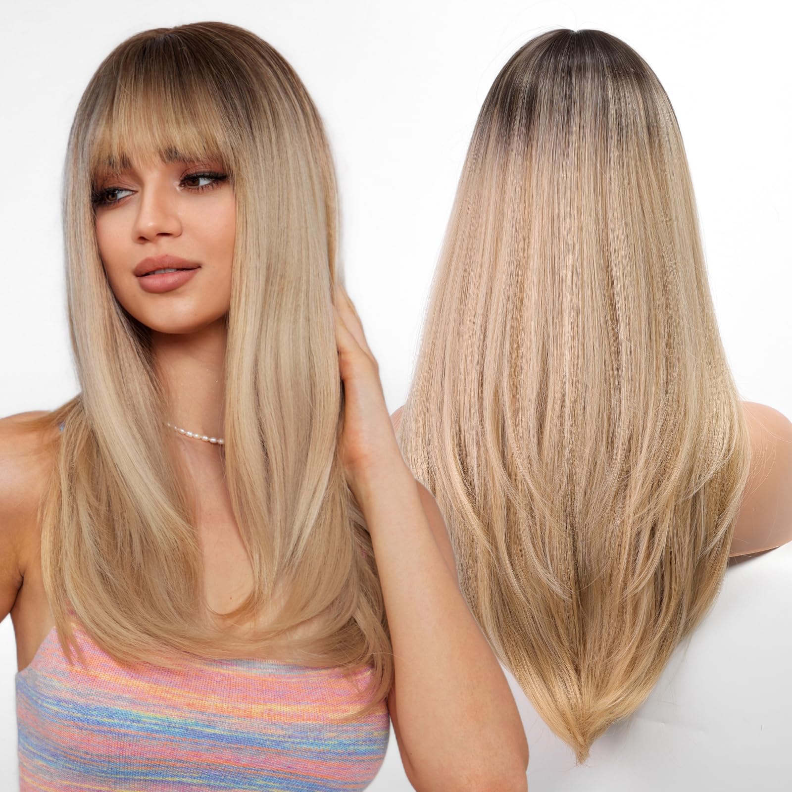 WOKESTAR Long Straight Wigs for Women with Fringe, Layered Synthetic Blonde with Highlights Color Wigs for Women — image 1