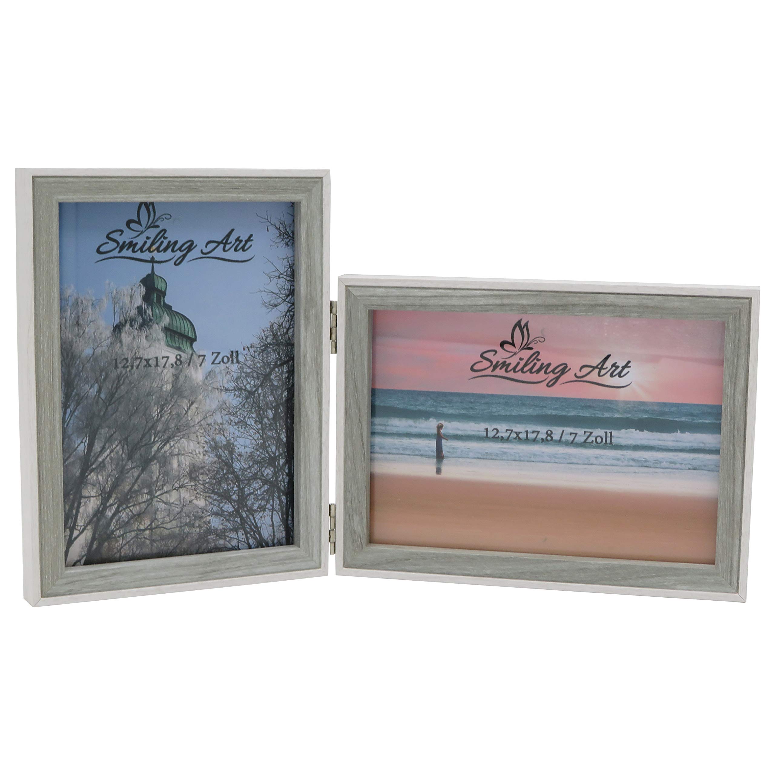 Smiling Art | Double Picture Frame | 13x18 cm made of MDF wood with glass | foldable photo frame for 2 photos | for standing or hanging | landscape and portrait format (White & Grey, 2x13x18 cm)