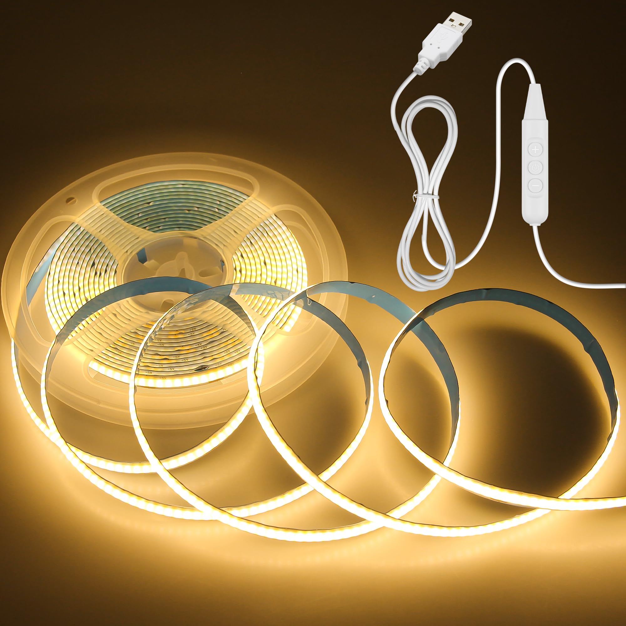 Aclorol USB COB LED Strip Lights for TV Backlight 5M Warm White LED Flexible Rope Light with 1.5M USB Powered 320LEDs/M Dotless Tape Light for Wall Bed Wardrobe Lighting Home Decor CRI85+ 8mm Width