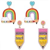 2/3Pairs Teacher Earrings for Women Beaded Pencil Dangle Earrings Statement Apple Book Drop Earrings Teacher Appreciation Gifts Back To School Jewelry Set