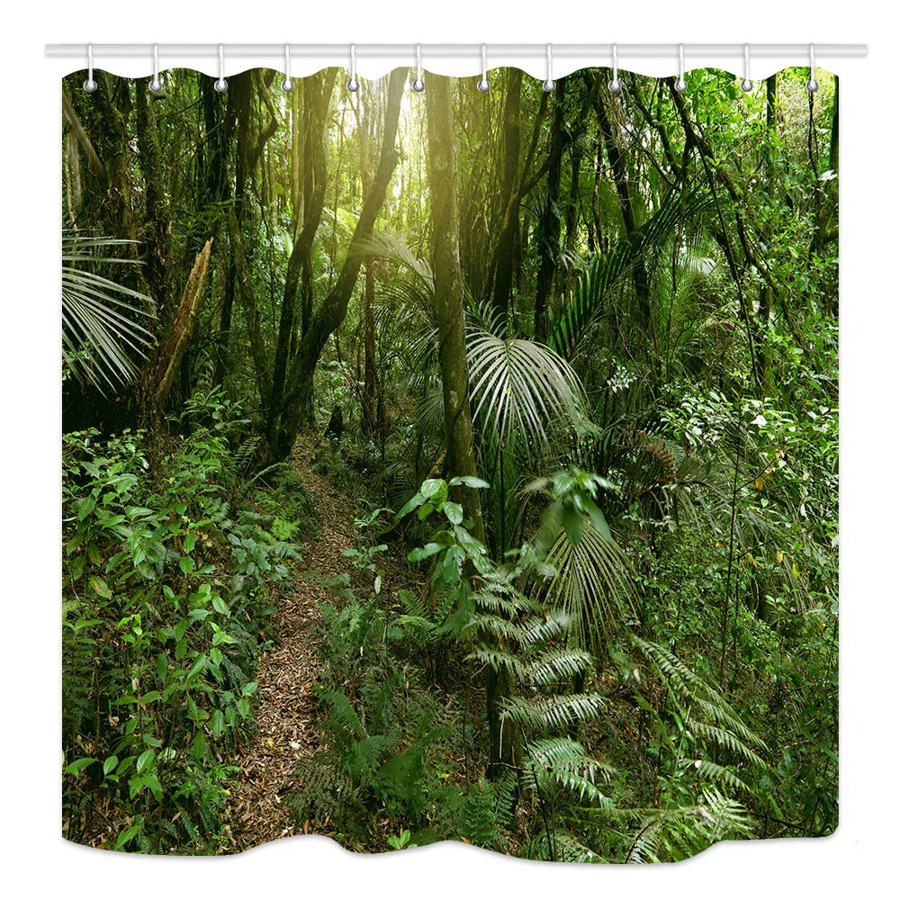 JOOCAR Design Shower Curtain, Tropical Rainforest Lush Green Foliage in Jungle, Waterproof Cloth Fabric Bathroom Decor Set with Hooks, 180x200cm