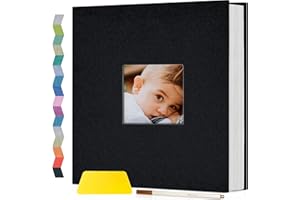 Popotop Photo Album Self Adhesive with Picture Display Window,40 Pages DIY Scrapbooking Supplies Kit for 4x6 8x10 Picture,Linen Cover Memory Book for Baby Wedding, with Scraper and Metallic Pen