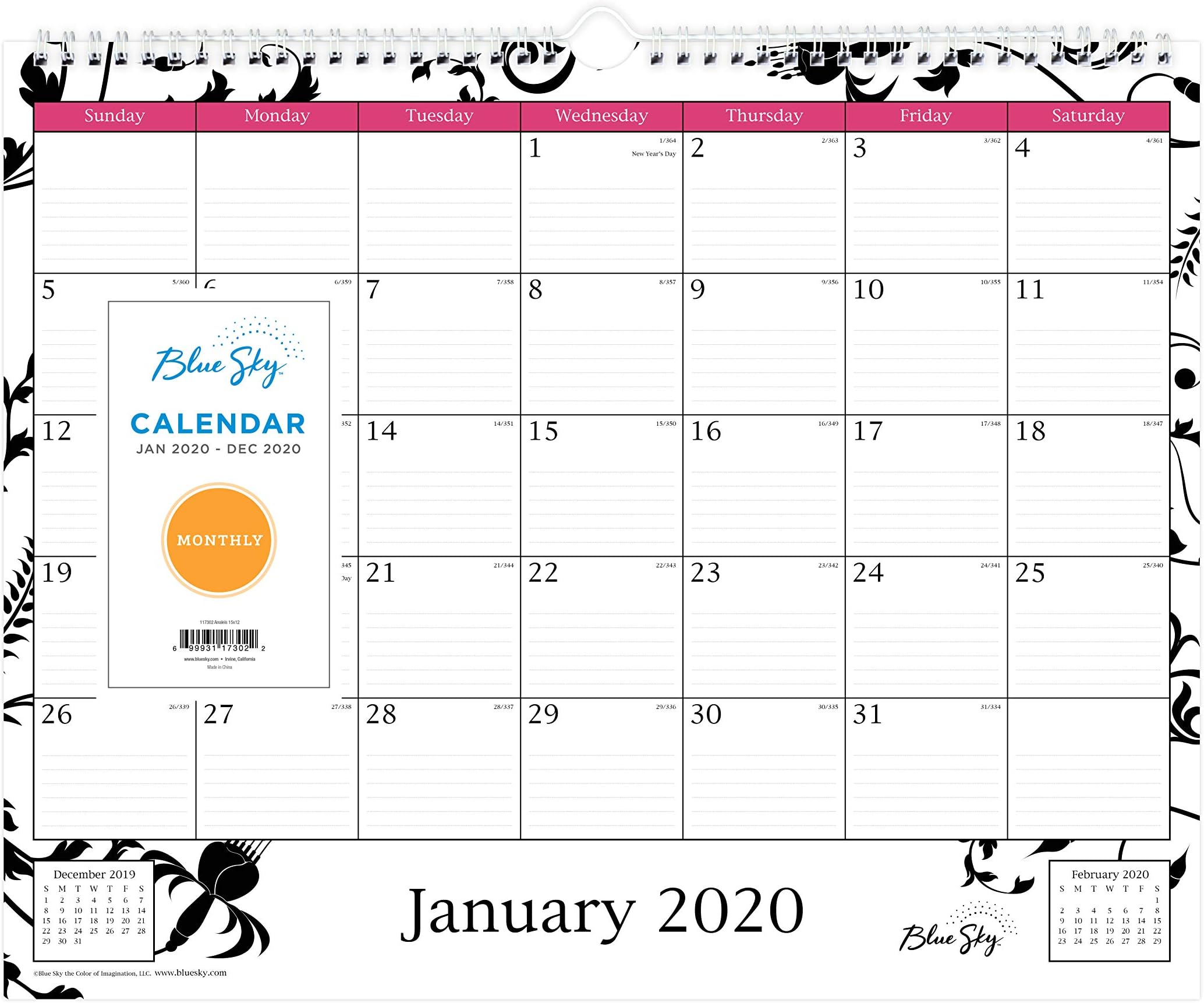 Blue Sky 2020 Wall Calendar, Twin-Wire Binding, 15" x 12", Analeis
