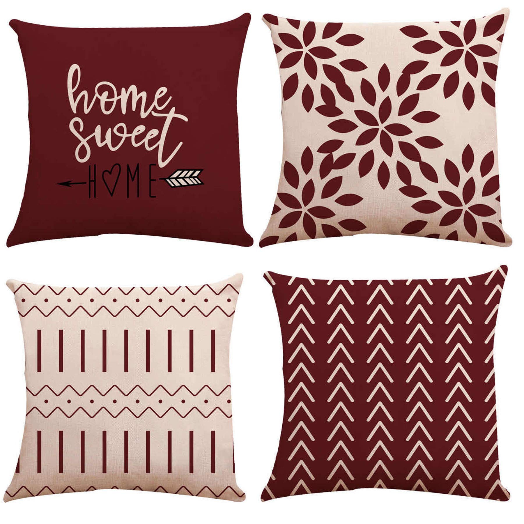 YCOLL Cushion Covers 50x50 Set of 4 Linen Pillow Covers Wine Red Modern Sofa Pillows Covers Decorative Outdoor for Sofa Garden Bed Couch Cushions 50cm x 50cm
