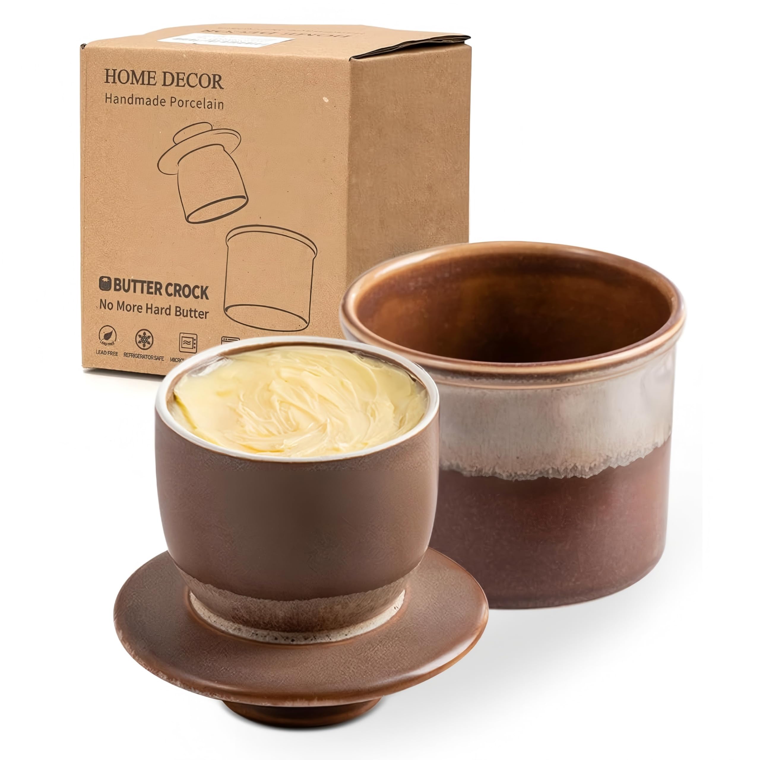 HOME DECOR Reactive Glaze Butter Crock, French Butter Dish with Lid for Counter, Butter Keeper with Water Line for Fresh Spreadable Butter -Milk Coffee