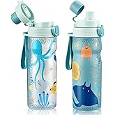 PIQUEBAR Kids insulated Water Bottle 17oz & Sport Water Bottle 24oz Set, Stainless Steel Metal Vacuum Water Bottles, Leakproof Tritan Sport Water Bottles for School Boys Girls,Blue Sea