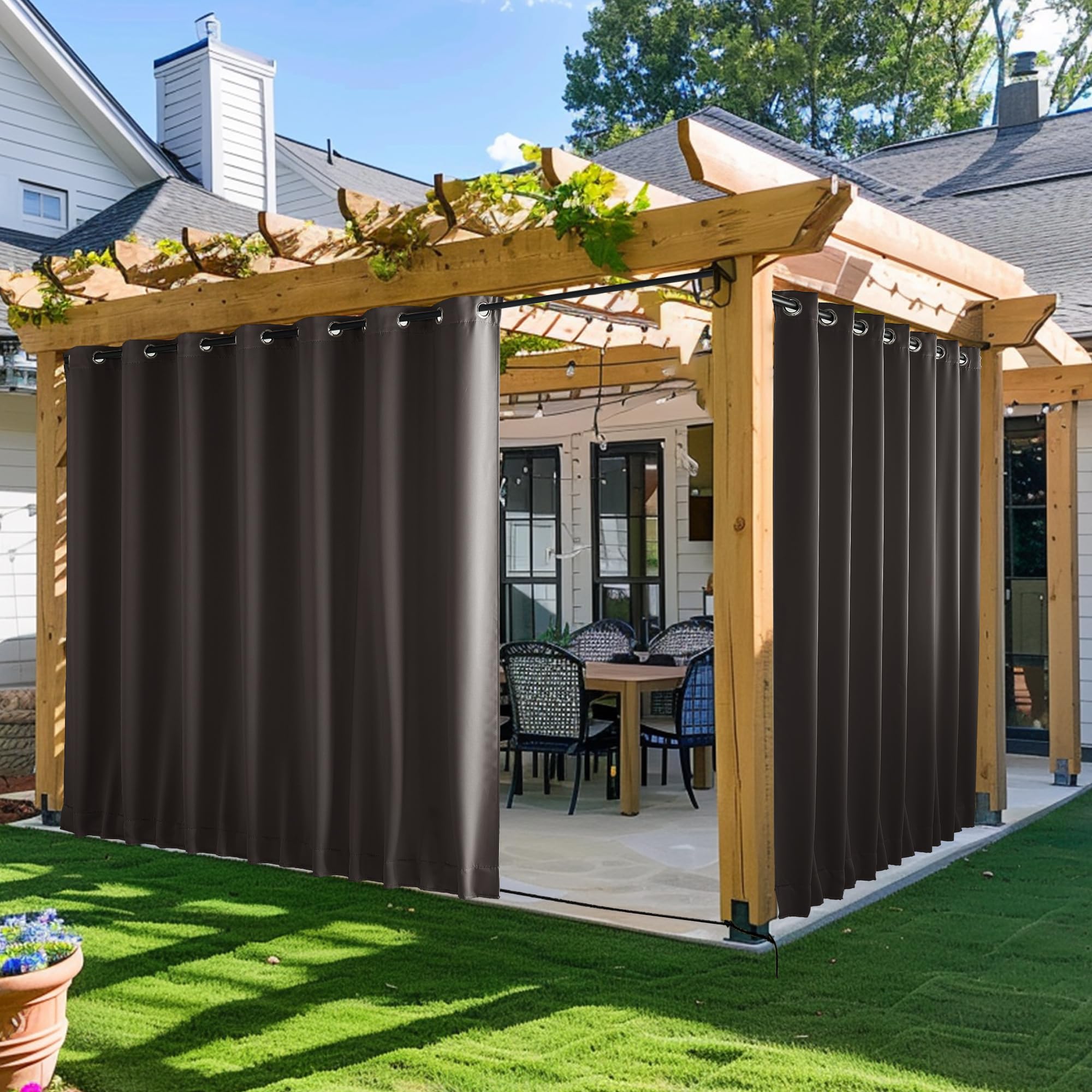 Photo 1 of NICETOWN 2 Panels Outdoor Curtains for Patio Waterproof & Windproof, Extra Wide Grommet & Back Tab on Top & Bottom Thermal Insulated Sun Blocking Drapes with Rope for Deck, Toffee Brown, W100 x L84