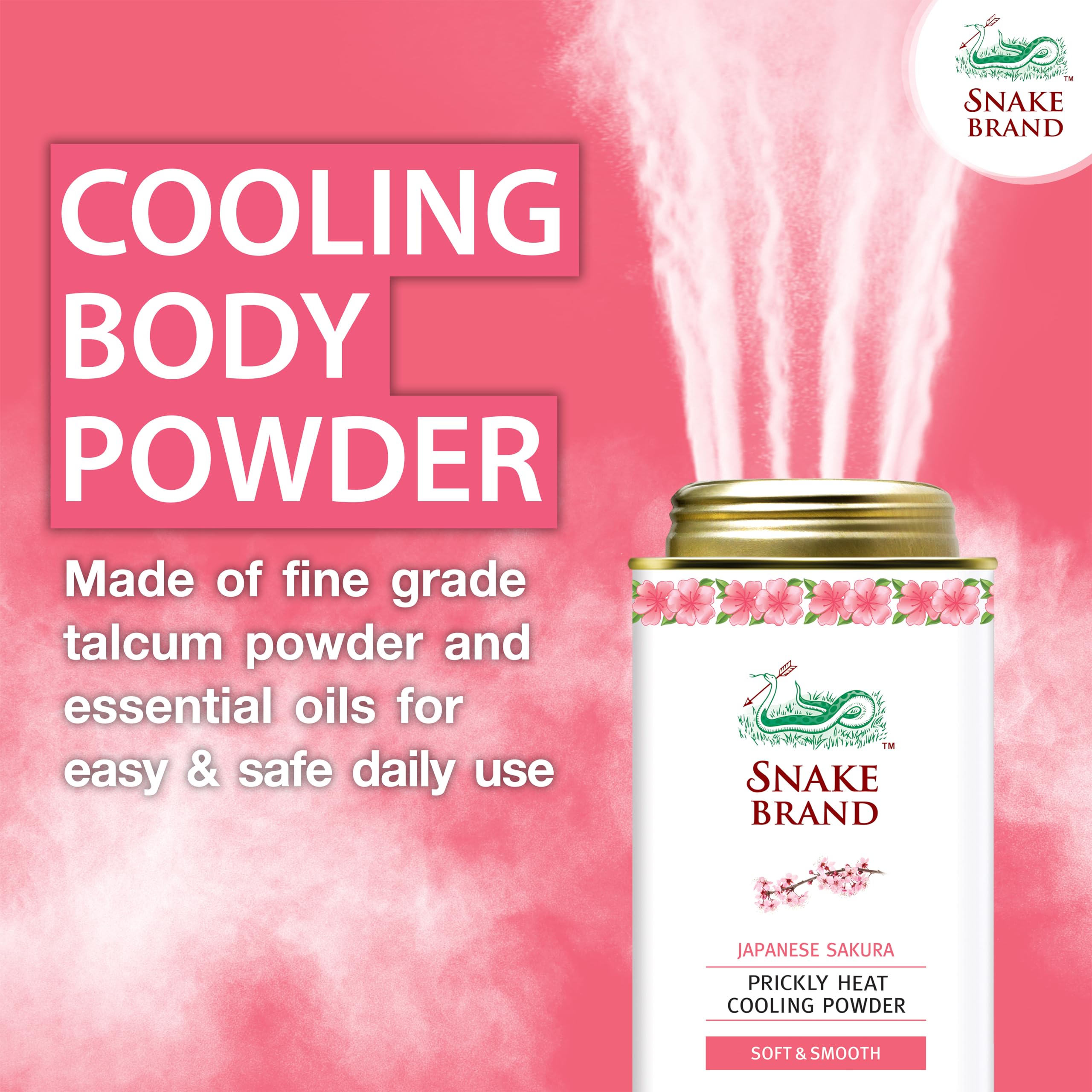 Snake Brand Prickly Heat Cooling Powder for Everyday Use - Anti-Chafing, Heat Rash Relief, Soft Sakura Scent (4.9 Oz / 140g)